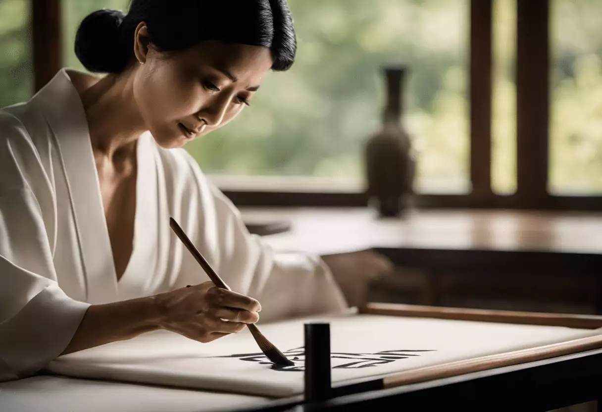 An image capturing the essence of Japanese calligraphy, depicting a serene studio bathed in soft, natural light