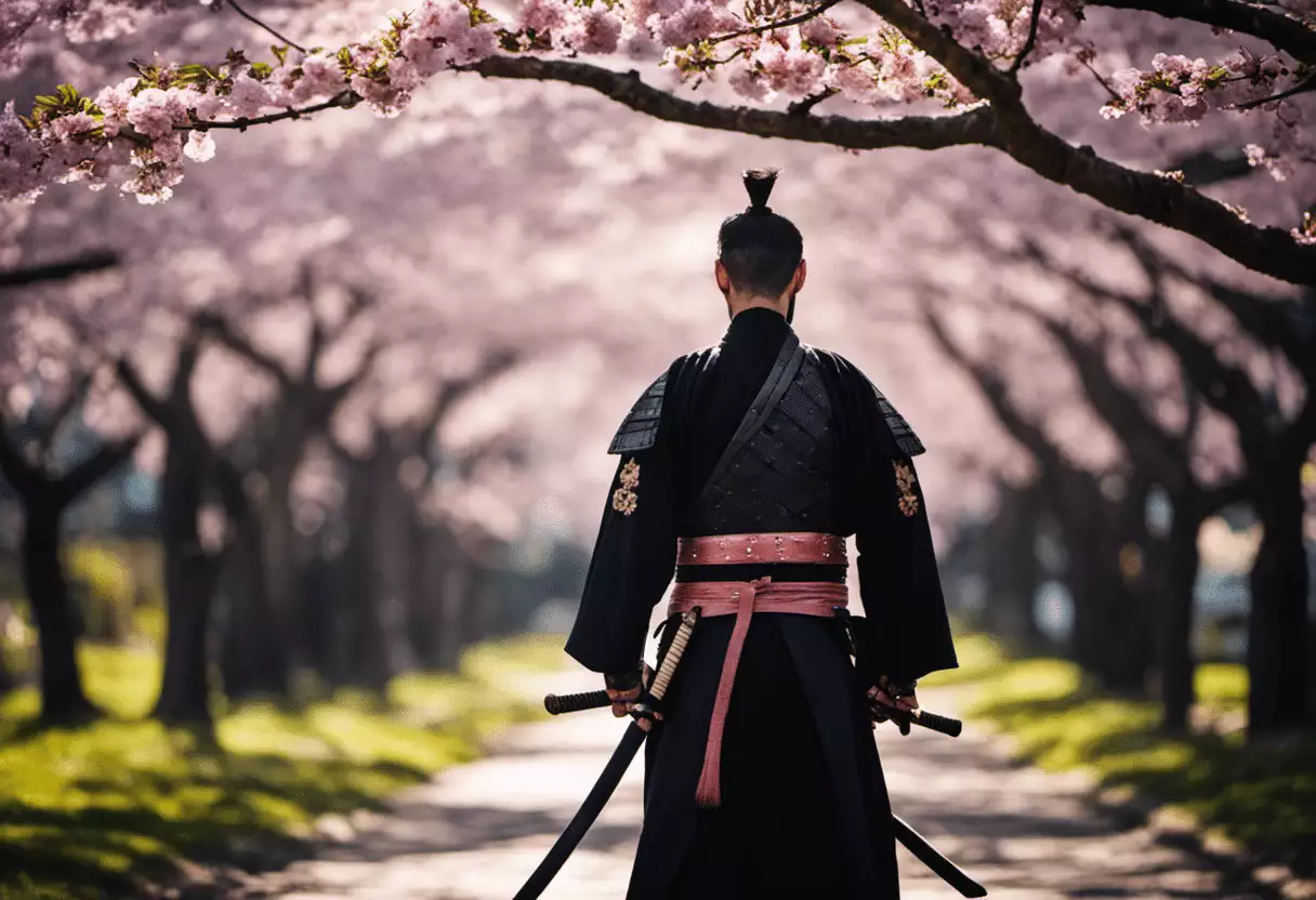 An image capturing the essence of Samurai Swordsmanship: A skilled samurai, clad in traditional armor, fiercely strikes a pose amidst cherry blossom trees, their katana gleaming in the sunlight, embodying the spirit of Bushido