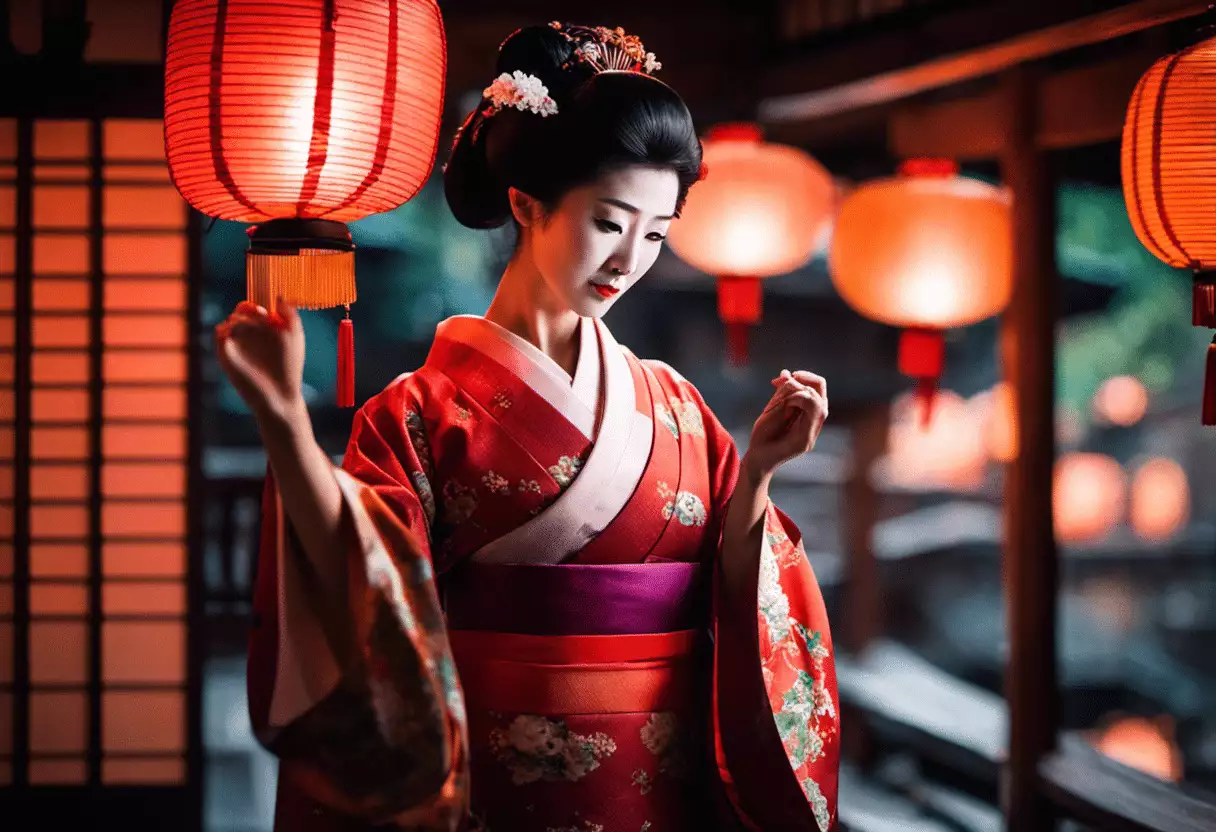 An image capturing the allure of Geisha performances: a graceful Geisha, clad in a vibrant kimono, delicately playing the shamisen amidst a traditional tea house, while the soft glow of lanterns illuminates her elegant movements