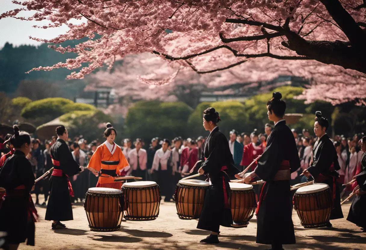 An image featuring a vibrant, open-air stage surrounded by cherry blossom trees, where skilled taiko drummers clad in traditional attire captivate the audience with their dynamic rhythms and powerful movements