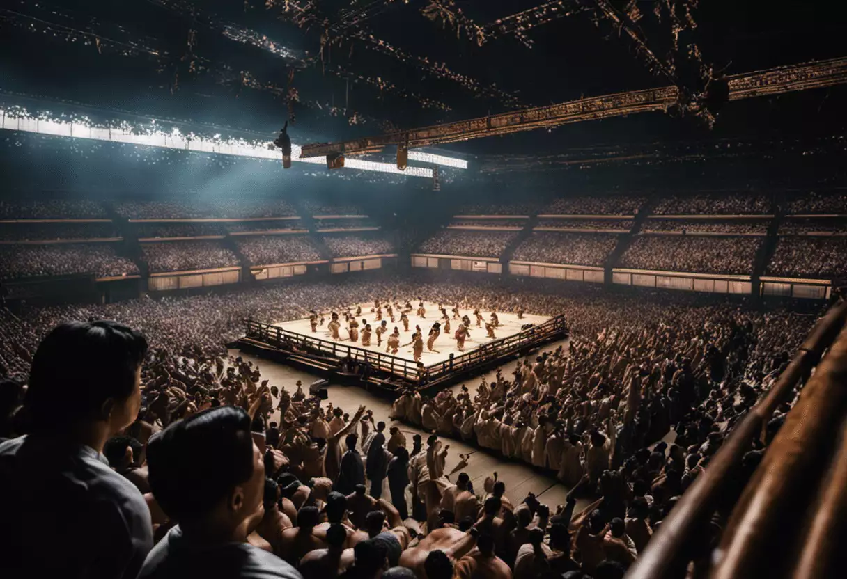 An image capturing the electrifying energy of a packed sumo wrestling arena, with colossal wrestlers locked in a fierce battle, their bulging muscles straining under the weight of tradition, as the crowd roars with excitement