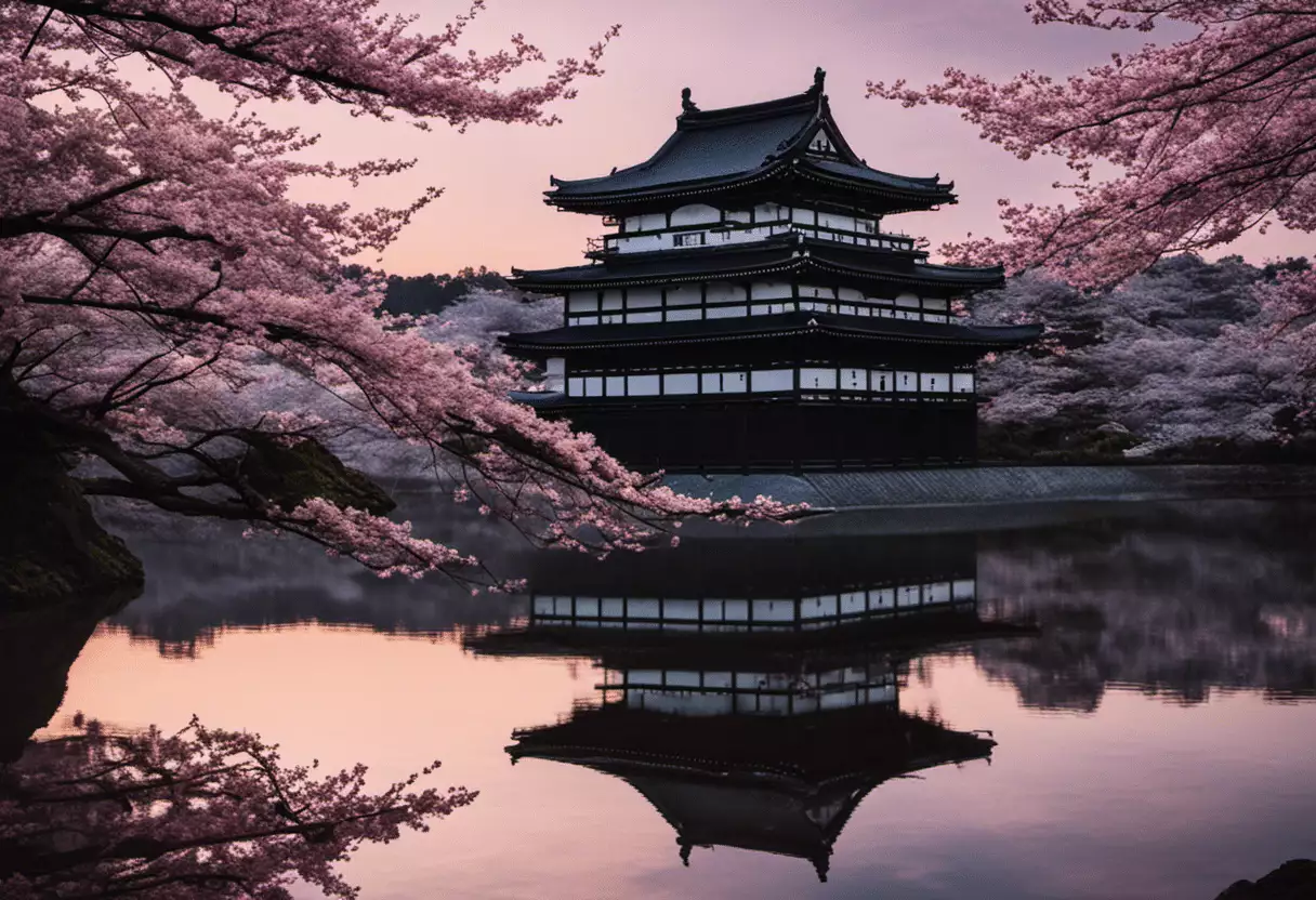 An image that transports readers to ancient Japan, showcasing the majestic silhouette of a towering feudal castle nestled amidst blooming cherry blossoms