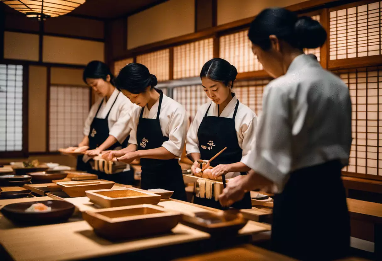 An image capturing the essence of a sushi making class in Japan: a serene wooden room adorned with traditional Japanese artwork, where eager participants elegantly slice fresh fish, delicately roll sushi, and learn the art of sushi making from a seasoned chef