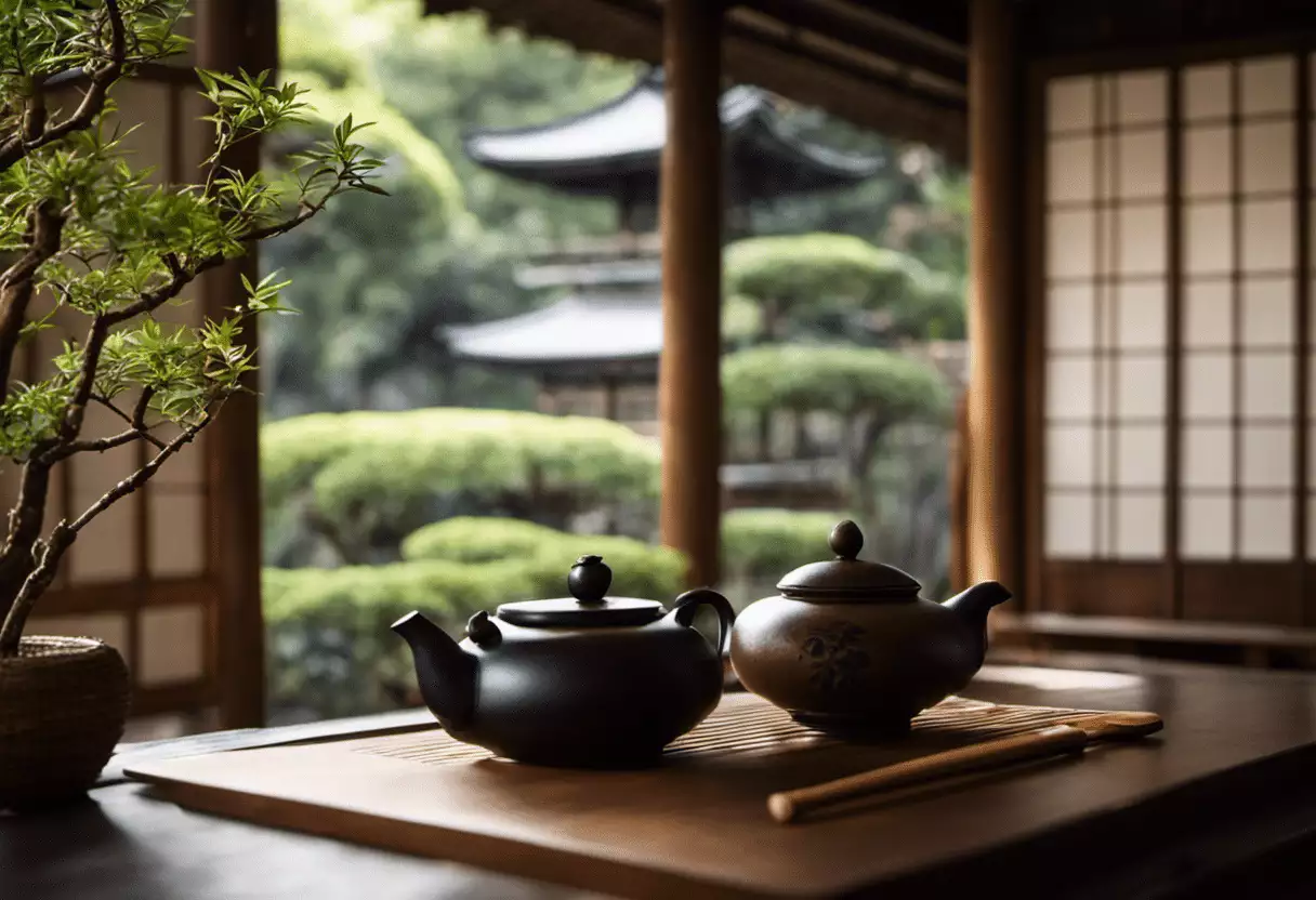 An image showcasing a serene Japanese tea room, with a meticulously arranged traditional hearth as the focal point