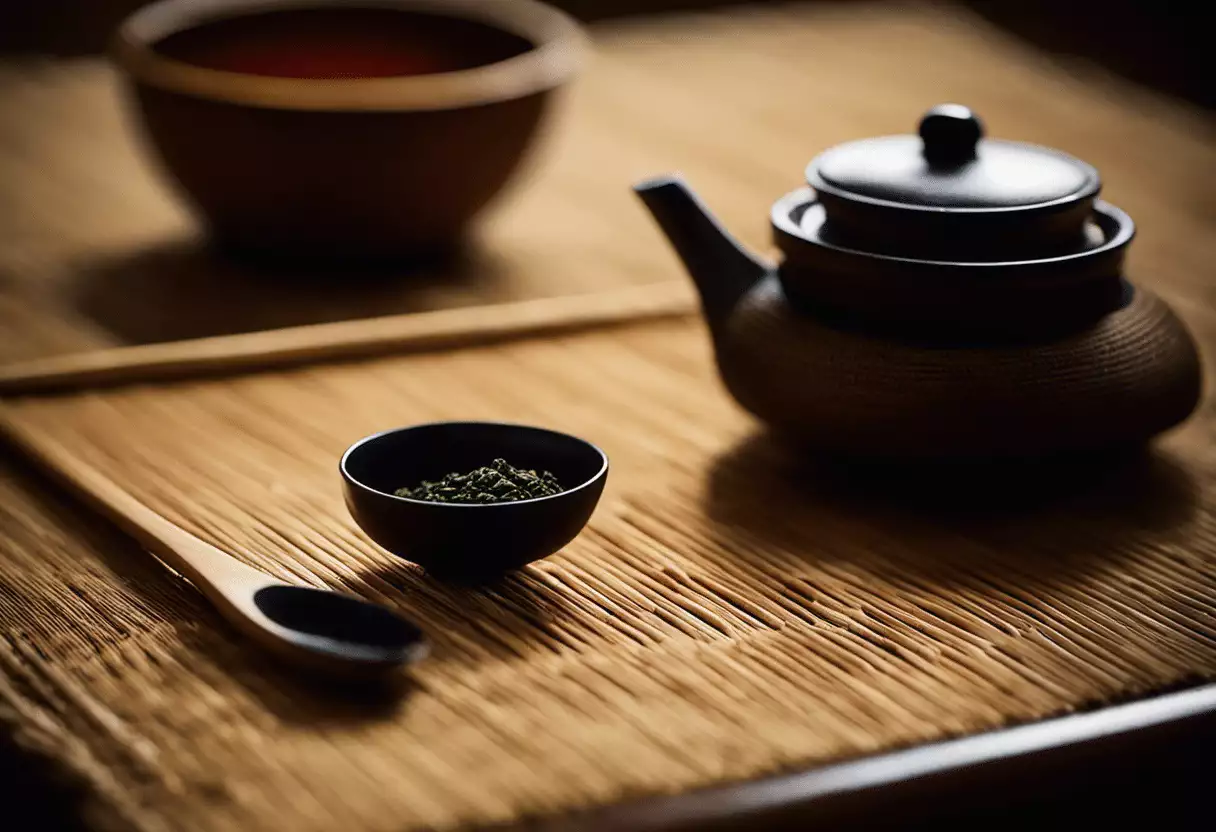 An image capturing the elegance of a traditional Japanese tea ceremony, focusing on the tea scoop