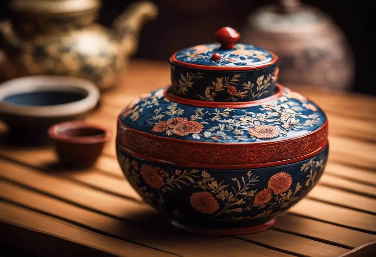 An image showcasing a beautifully handcrafted tea caddy, adorned with intricate patterns and colors