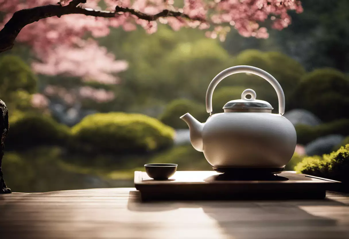 An image that showcases a traditional Japanese tea ceremony, focusing on the water kettle