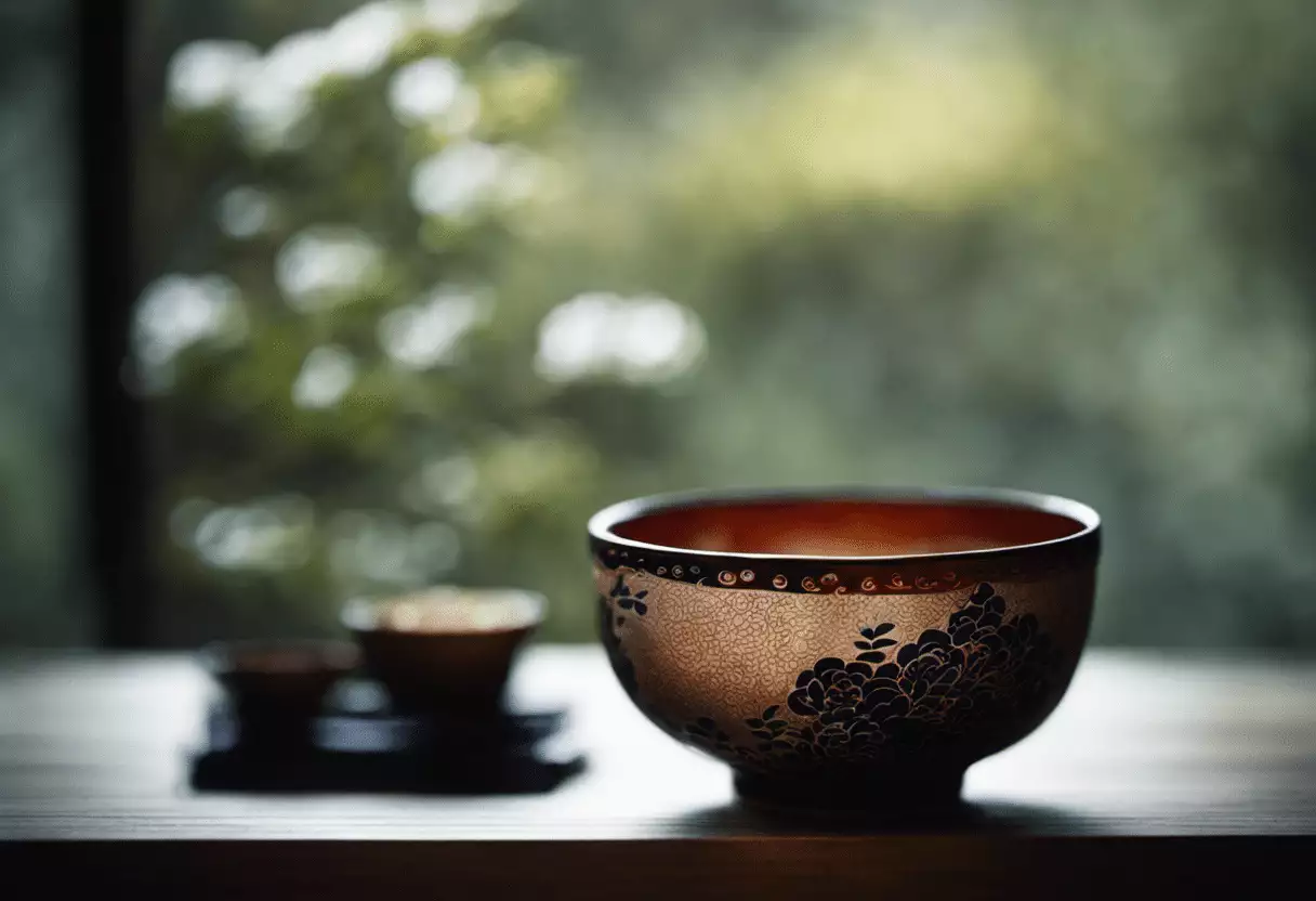 An image capturing the intricate beauty of a traditional Japanese tea bowl, showcasing its delicate hand-painted patterns, curved form, and serene aura, highlighting its role as a vessel for spiritual connection and aesthetic appreciation