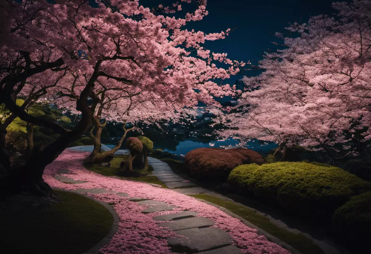 An image showcasing a moonlit hanami night, with a meandering pathway enveloped by a sea of delicate pink cherry blossoms