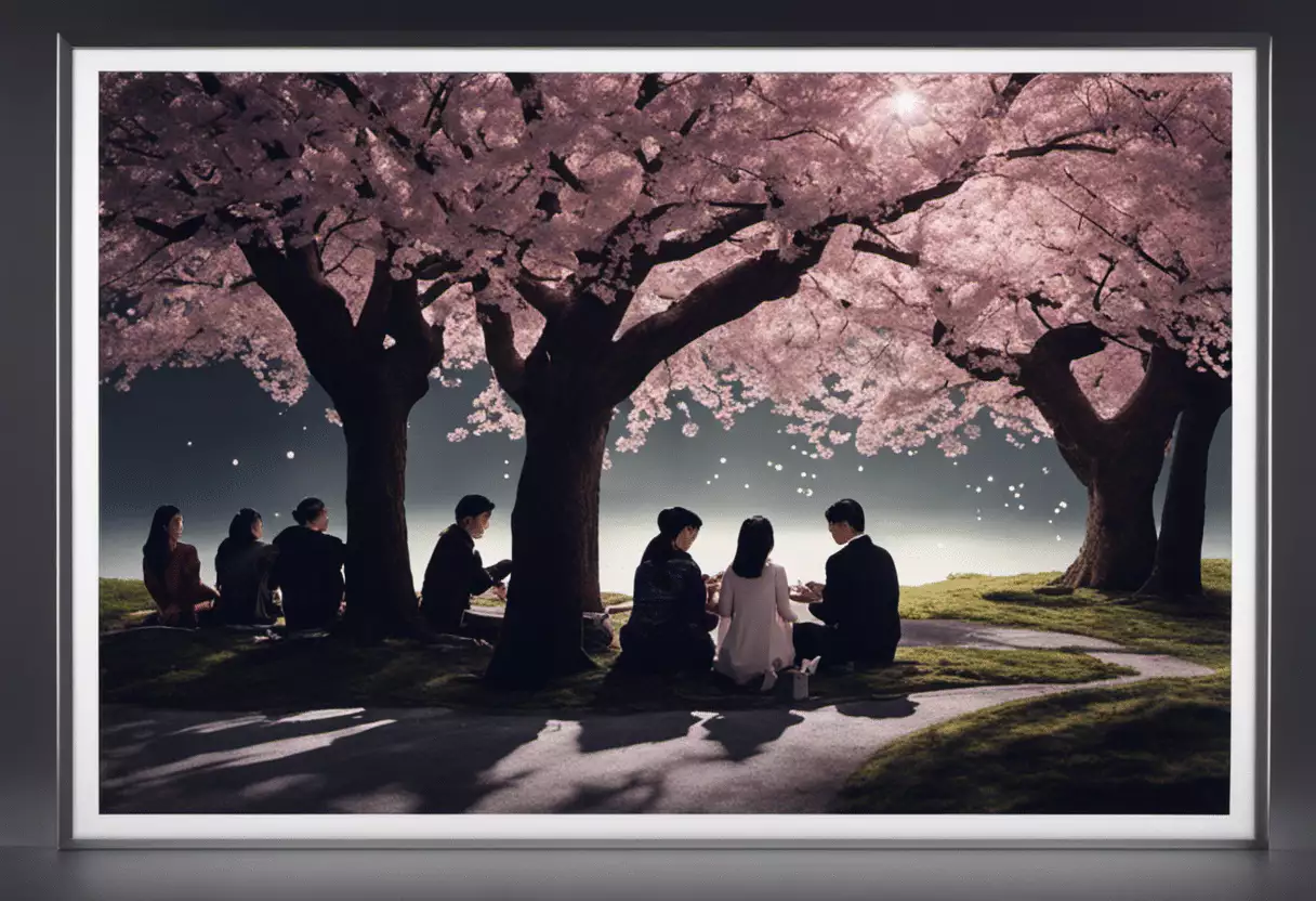 An image capturing the serene beauty of moonlit cherry blossoms, their delicate petals illuminated by silver moonlight