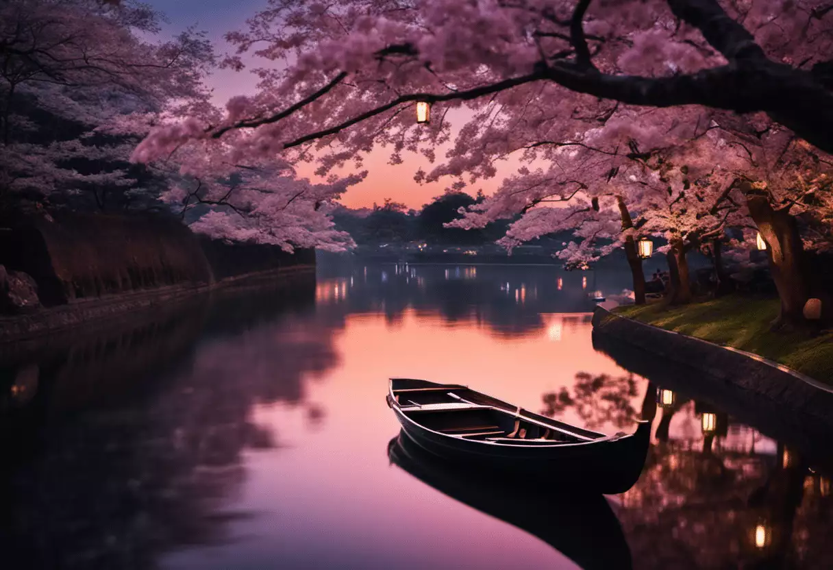  the enchantment of a moonlit hanami night with an image of a serene river, adorned by floating lanterns gently illuminating the water