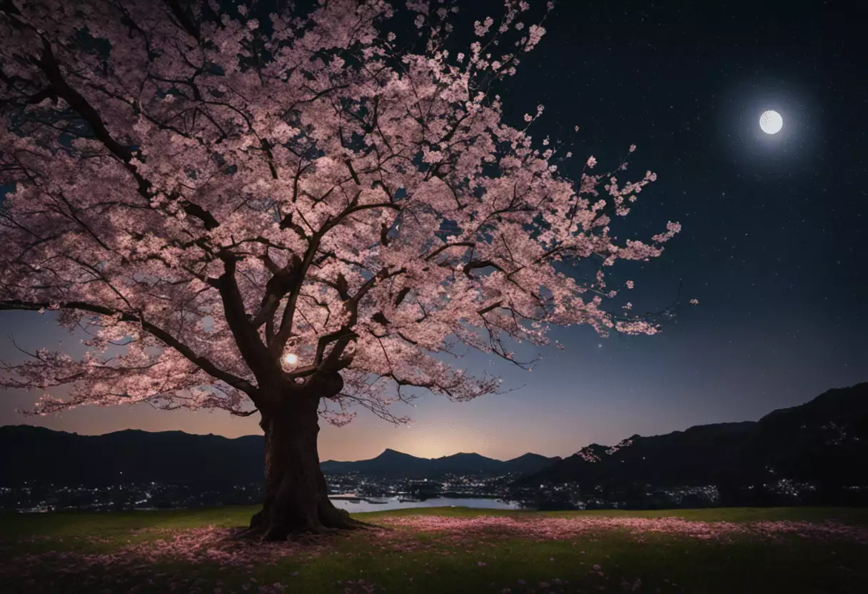 An image showcasing a serene moonlit hanami scene