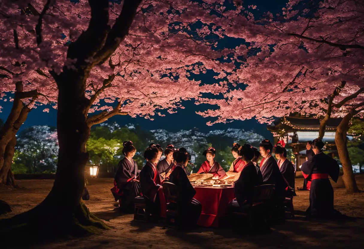 An image showcasing a mesmerizing scene of a moonlit hanami night, with a traditional Japanese music and dance performance at the forefront