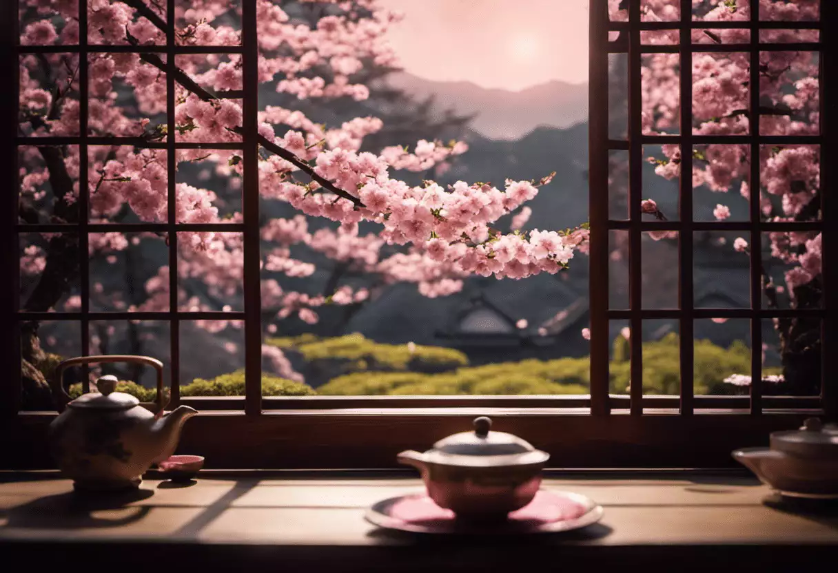 An image capturing the ethereal beauty of a moonlit sakura tea ceremony