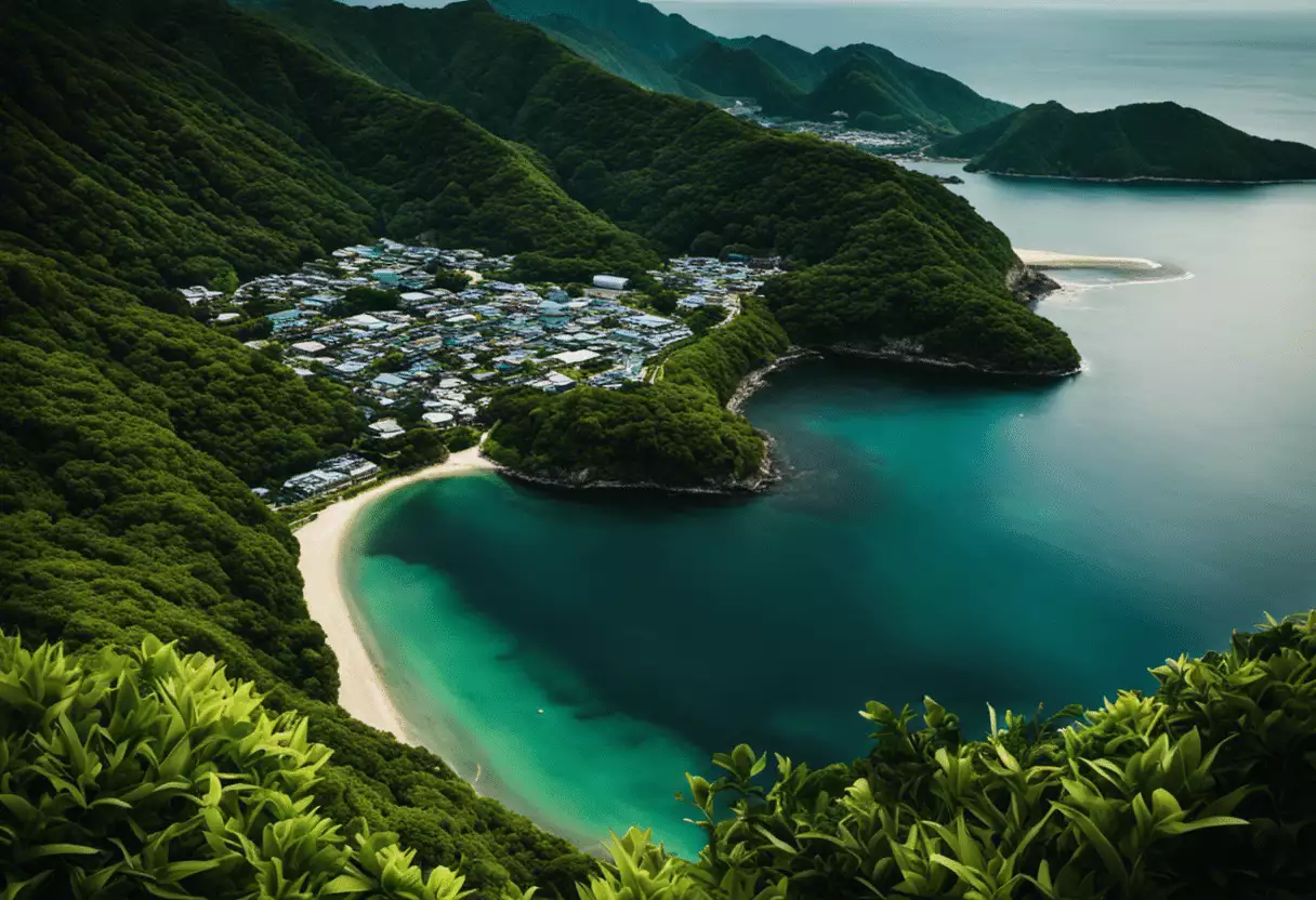  an image featuring the stunning Okinawa coastline and majestic Hakone mountains, showcasing Japan's natural beauty, with vivid colors reflecting the serene beaches and lush greenery