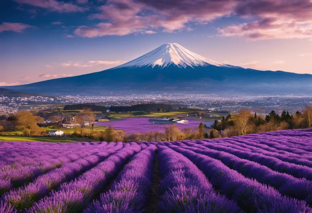  aerial view of the vibrant lavender fields in Furano, Hokkaido, alongside the snow-capped peak of Mt