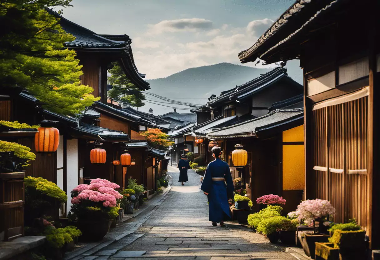  Capture the essence of small-town Japan in an image - a tranquil cobblestone street lined with traditional wooden houses adorned with colorful flower pots, while locals in kimono stroll by, the aroma of freshly brewed tea lingering in the air