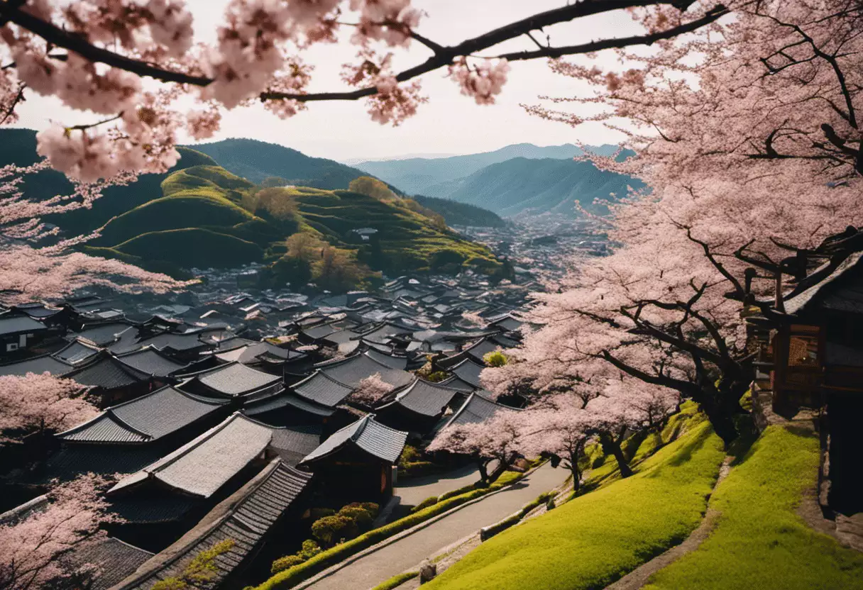 An image showcasing a picturesque landscape of a traditional Japanese village nestled amidst rolling hills, with cherry blossom trees lining the streets