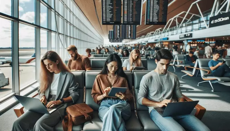 Photo of a diverse group of travelers at an airport lounge, each engaged in a different productive activity