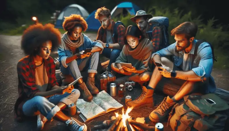 Photo of a group of diverse travelers in a campsite at dusk. They gather around a campfire, sharing stories while simultaneously updating their journals, checking their emails on mobile devices, and reviewing maps for the next day