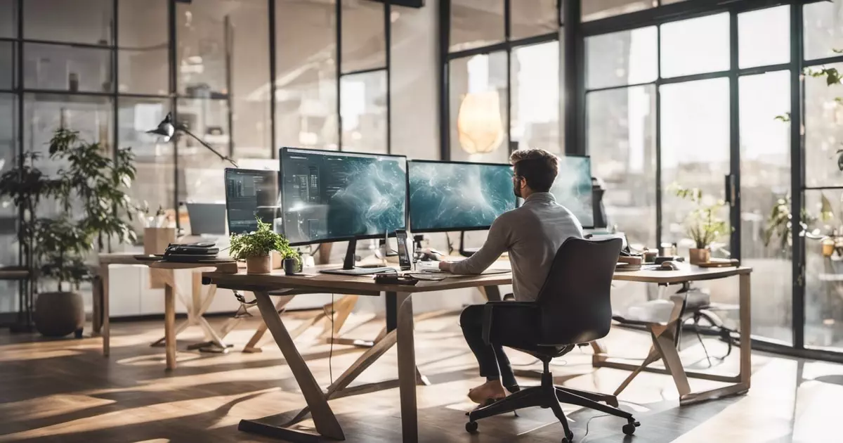 Modern workspace with a person at multi-monitor setup in a well-lit office