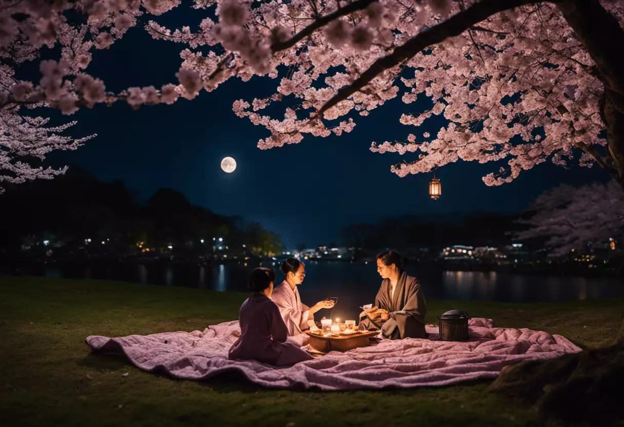 An image capturing the enchantment of a moonlit hanami picnic: a traditional Japanese picnic blanket adorned with cherry blossoms, delicately lit lanterns hanging from a cherry blossom tree, and a couple savoring a serene dining experience under the moonlit sky